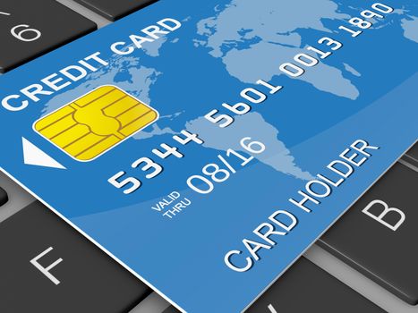 Blue credit card on black keyboard keys