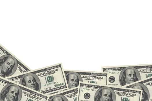 One hundred dollar bills border, isolated on white.