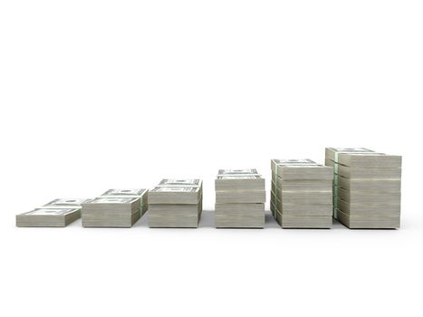 Stack of one hundred dollar bills row, isolated on white.
