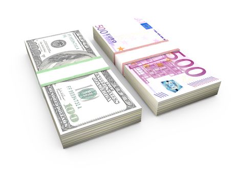 Stack of money, euro and dollar bills, isolated on white.