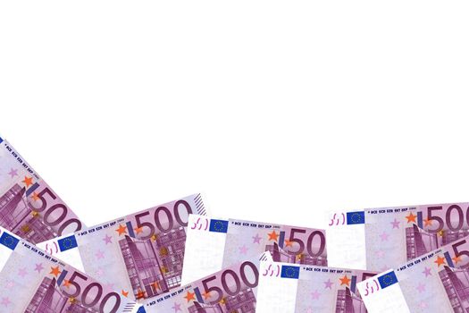 Five hundred dollar bills border, isolated on white.