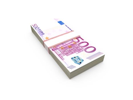 Stack of five hundred euro bills, isolated on white.