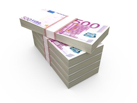Stack of five hundred euro bills, isolated on white.