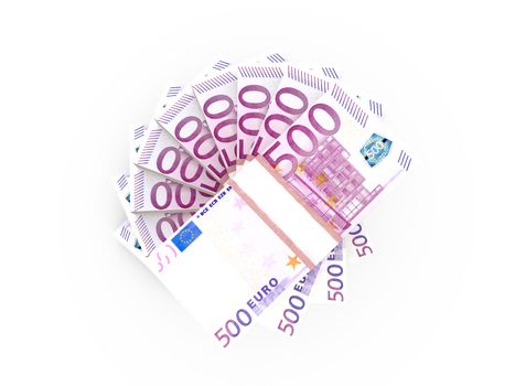 Stack of five hundred euro bills, isolated on white.