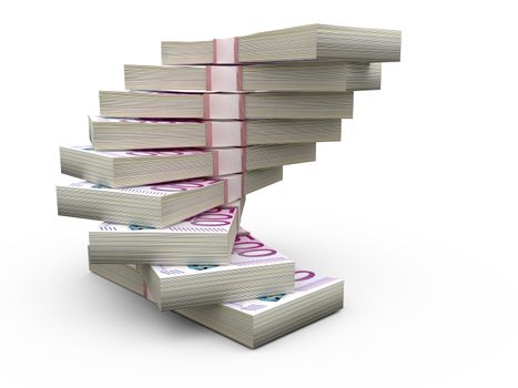 Stack of five hundred euro bills shaped stairs, isolated on white.