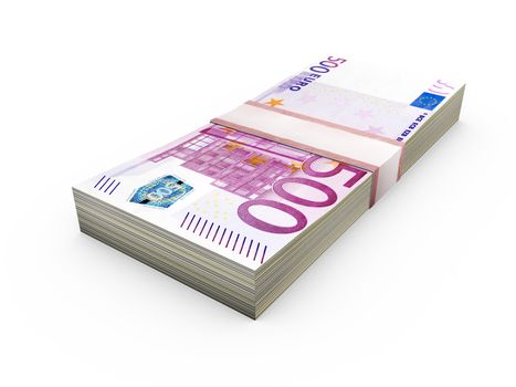 Stack of five hundred euro bills, isolated on white.