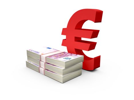 Stack of five hundred euro bills and big red euro sign, isolated on white.