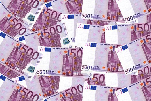Five hundred euro bank notes on background.