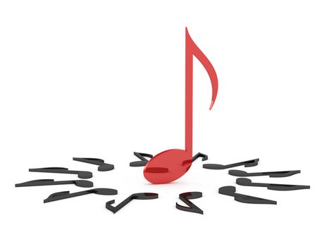 Teaching and learning concept, leadership of red musical note, isolated on white background.