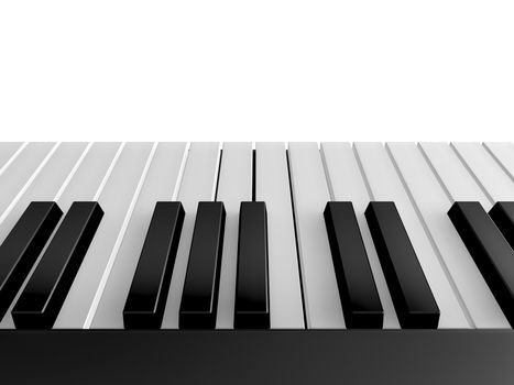 Shiny piano keys on grand piano, back view, isolated on white background.