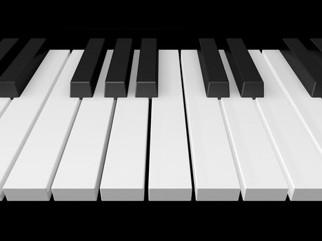 Piano keys on black grand piano, front view.