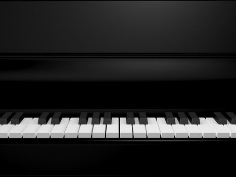 Piano keys on black grand piano, front view.