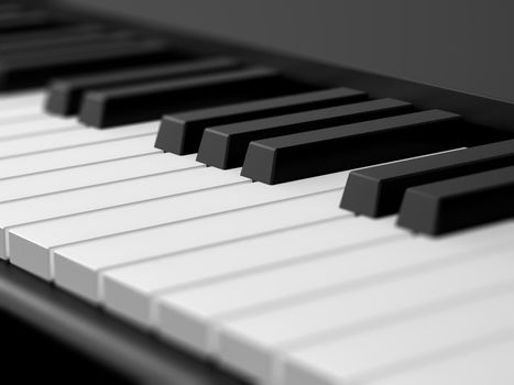 Close up piano keys on black grand piano with depth of field.