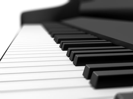 Piano keys on black grand piano with depth of field.