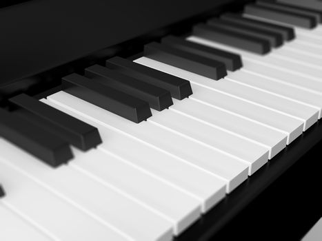 Piano keys on black grand piano with depth of field.