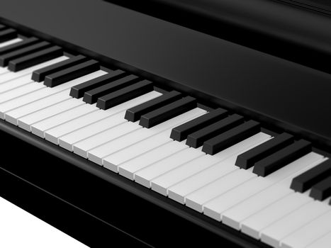 Piano keys on black grand piano with depth of field.