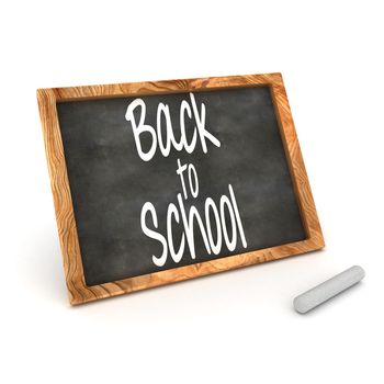 A Colourful 3d Rendered Concept Illustration showing "Back to School" writen on a Blackboard with white chalk