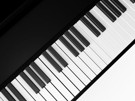 Piano keys on grand piano, top view, isolated on white background.