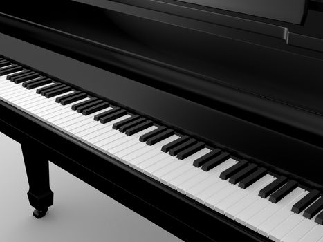 Black grand piano and keys on white.