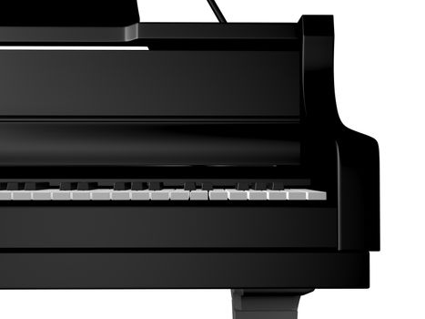 Piano keys and one side of black grand piano, front view, isolated on white background.