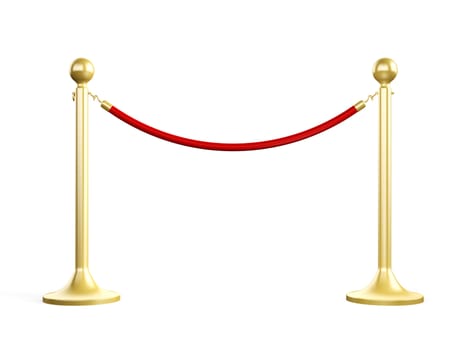 Golden fence, stanchion with red barrier rope, isolated on white background.