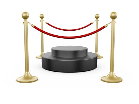 Golden fence, stanchion with red barrier rope and podium, isolated on white background.