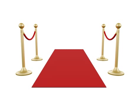 Golden fence, stanchion with red barrier rope and carpet, isolated on white background.