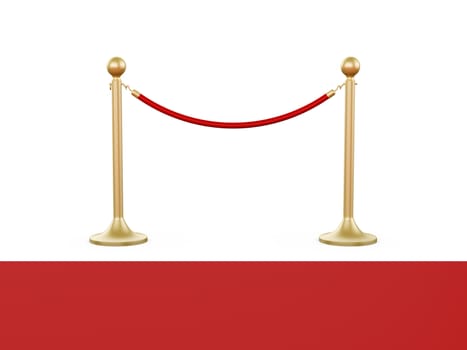 Golden fence, stanchion with red barrier rope and carpet, isolated on white background.