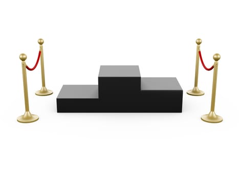 Golden fence, stanchion with red barrier rope and first, second third level platform, isolated on white background.