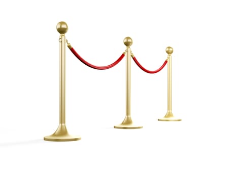 Golden fence, stanchion with red barrier rope, isolated on white background.