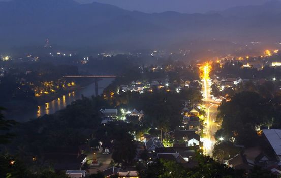 Beautiful twilight landscape of luang prabang from mount Phou Si, Laos.