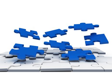 Complexity of blue jigsaw puzzle pieces, isolated on white background.