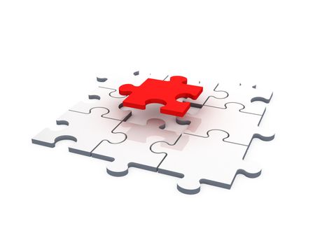 Red puzzle piece flying from its place, isolated on white background.