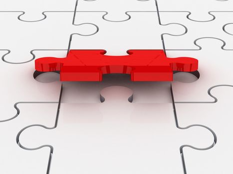 Last piece of jigsaw puzzle piece completing or finishing white puzzle, isolated on white background.