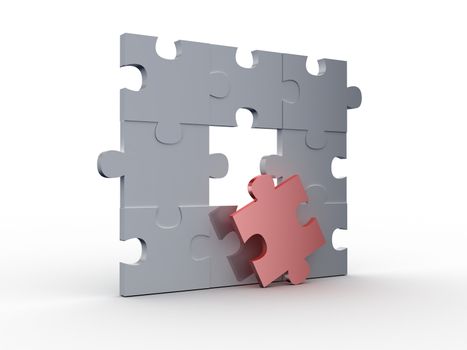 Red puzzle piece in front of the incomplete puzzle, isolated on white background.