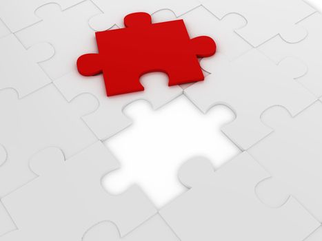 Red jigsaw puzzle out of the whole on white background.