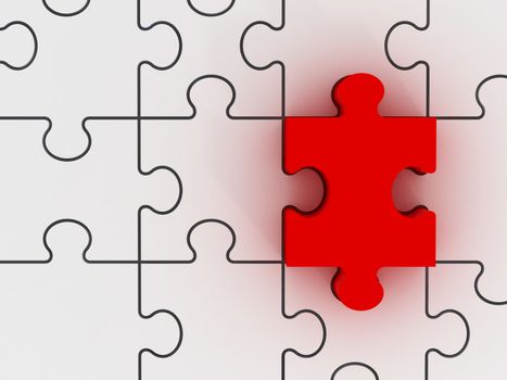 Red puzzle piece standing out from other white pieces.