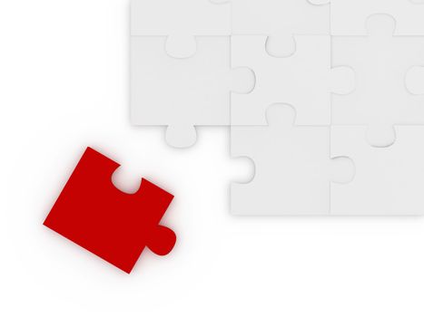 Red puzzle piece leaves from the corner of whole puzzle, isolated on white background.
