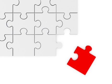 Red puzzle piece leaving from the corner of whole puzzle, isolated on white background.