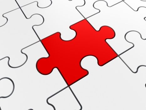 Red puzzle piece standing out from the crowd, isolated on white background.