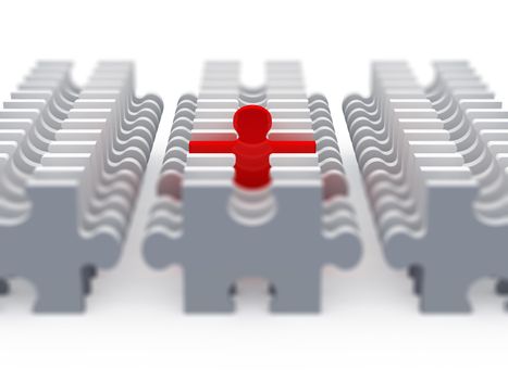 Business concept, red jigsaw puzzle piece standing out from the crowd with depth of field, isolated on white background.
