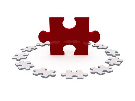Red puzzle piece among white pieces, isolated on white background.
