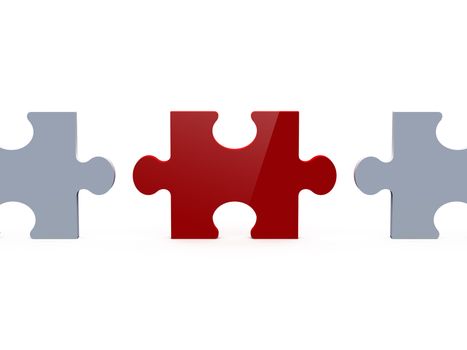 Red shiny puzzle piece and white pieces on both sides, isolated on white background.