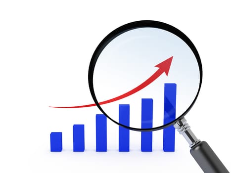 Magnifying glass and bar chart with red arrow, isolated on white background.