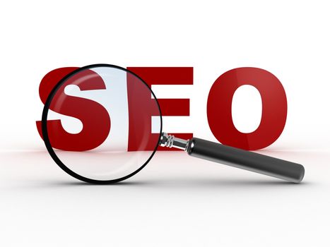 Magnifying glass and red seo text, isolated on white background.