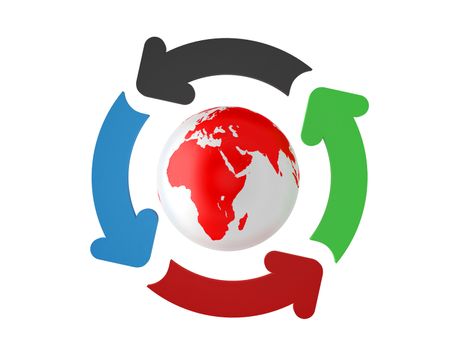 Colorful arrows rotating on earth axis, isolated on white.