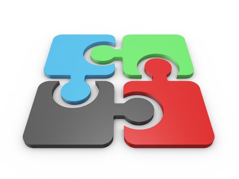 Colorful puzzle pieces integrated into one another on white background.