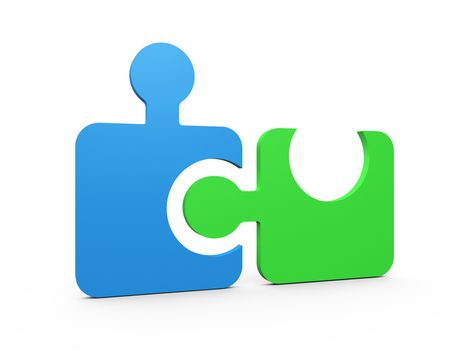Colorful puzzle pieces integrated into one another on white background.