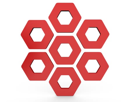 Red hexagon shapes on white background.