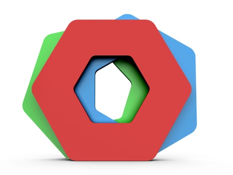 Three colorful hexagon shapes lined up front view on white background.